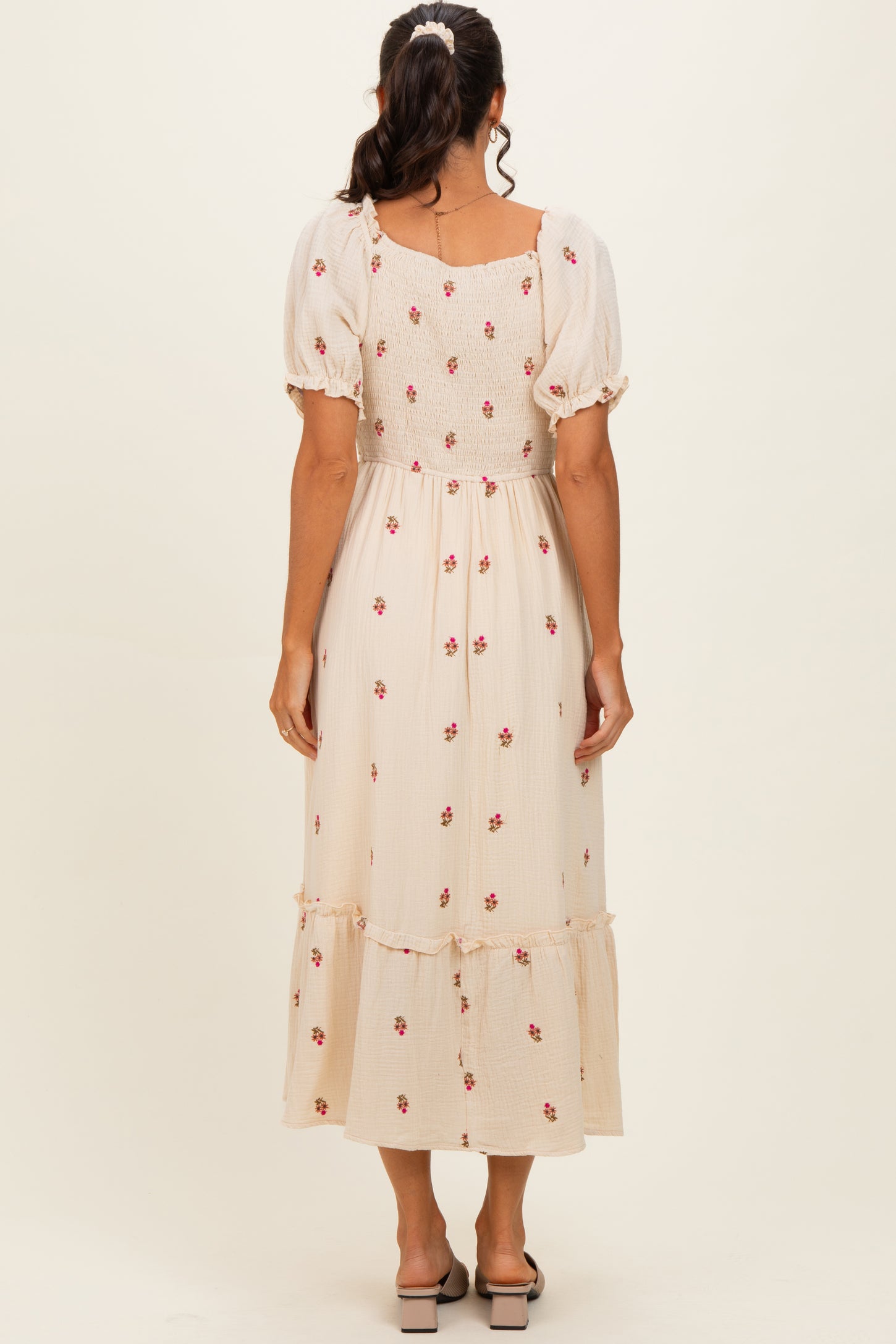 embroidered smocked midi dress Maurices Women's Embroidered Smocked Micro Flutter Sleeve Midi Dress Beige Size Small