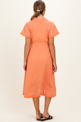 Salmon Button Down Frayed Maternity Midi Dress