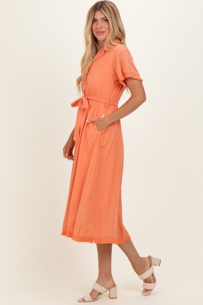 Salmon Button Down Frayed Midi Dress