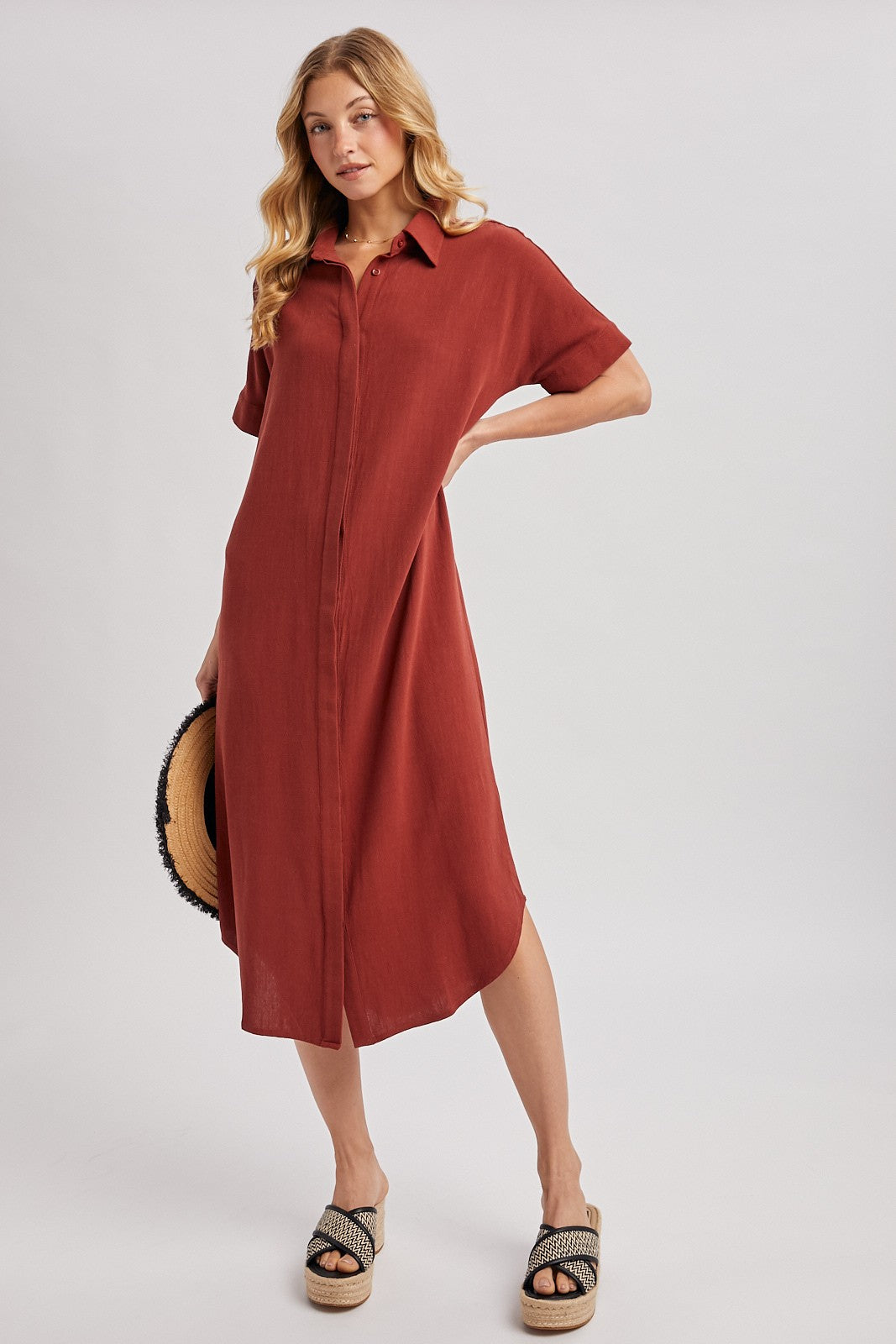 Brick Button Down Maternity Midi Shirt Dress