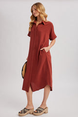 Brick Button Down Midi Shirt Dress