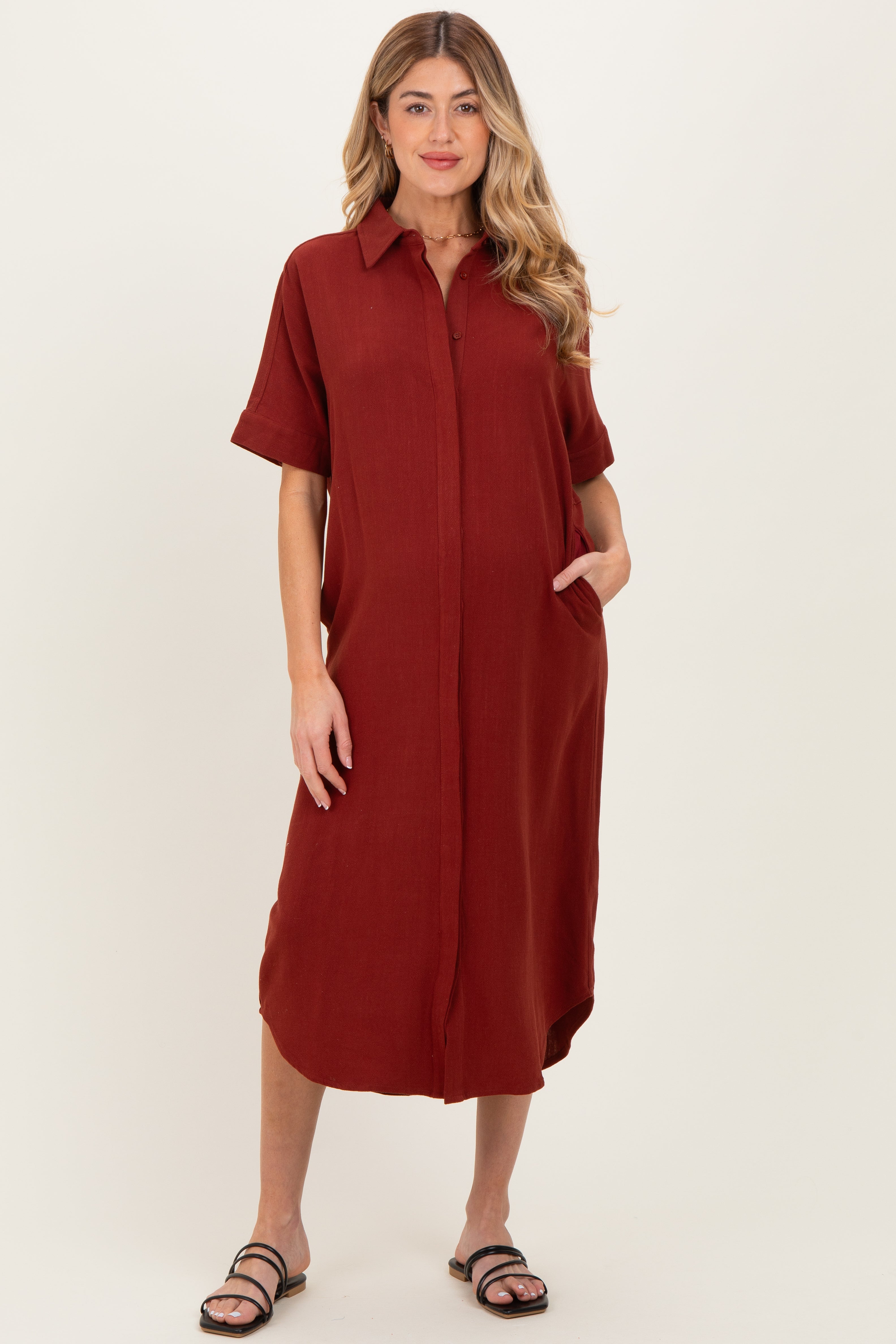 Brick Button Down Maternity Midi Shirt Dress Brick Button Down Maternity Midi Shirt Dress