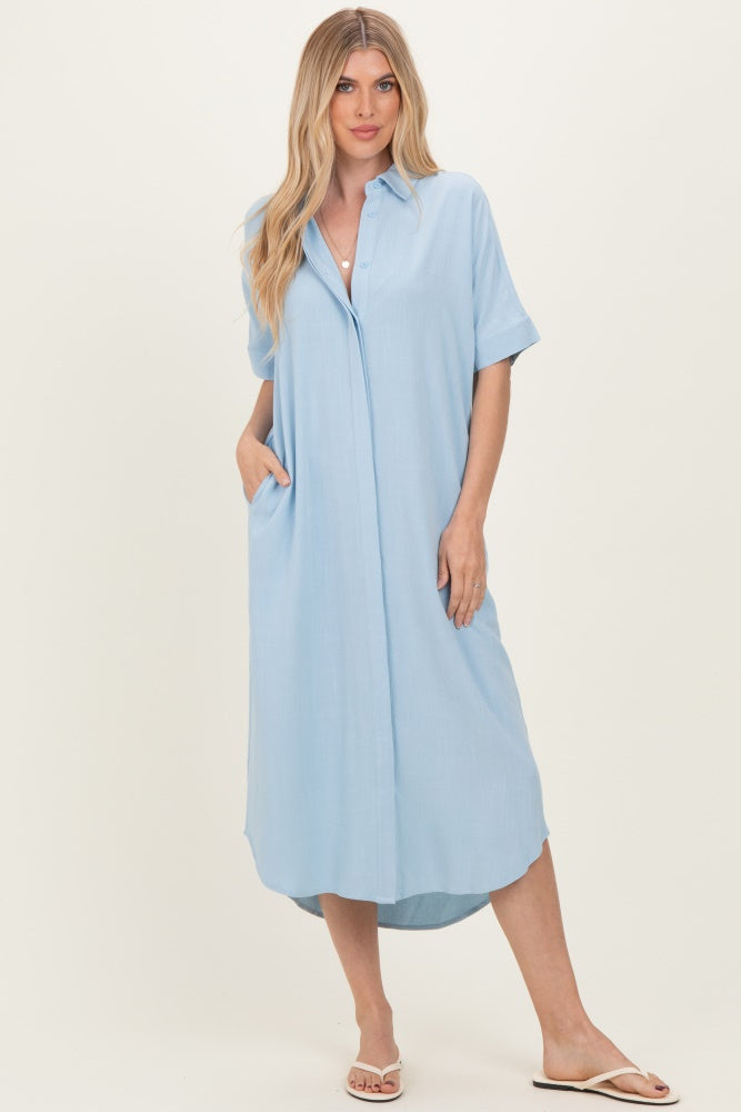 Pinkblush Light Blue Button Down Maternity Midi Dress Medium