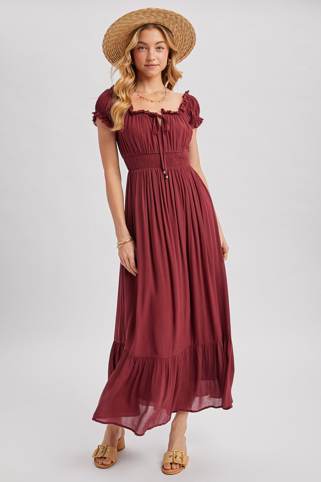 Burgundy Smocked Waist Off Shoulder Maxi Dress