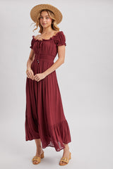 Burgundy Smocked Waist Off Shoulder Maxi Dress