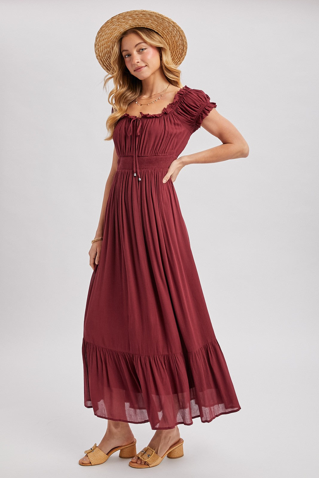 Burgundy Smocked Waist Off Shoulder Maxi Dress