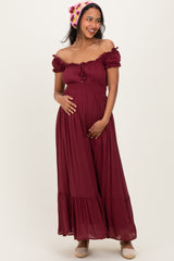 Burgundy Smocked Waist Off Shoulder Maternity Maxi Dress