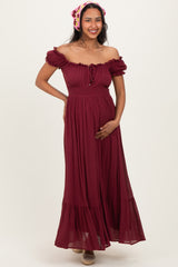 Burgundy Smocked Waist Off Shoulder Maternity Maxi Dress