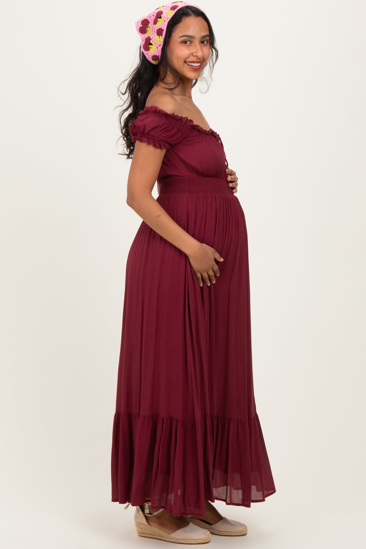 Burgundy Smocked Waist Off Shoulder Maternity Maxi Dress