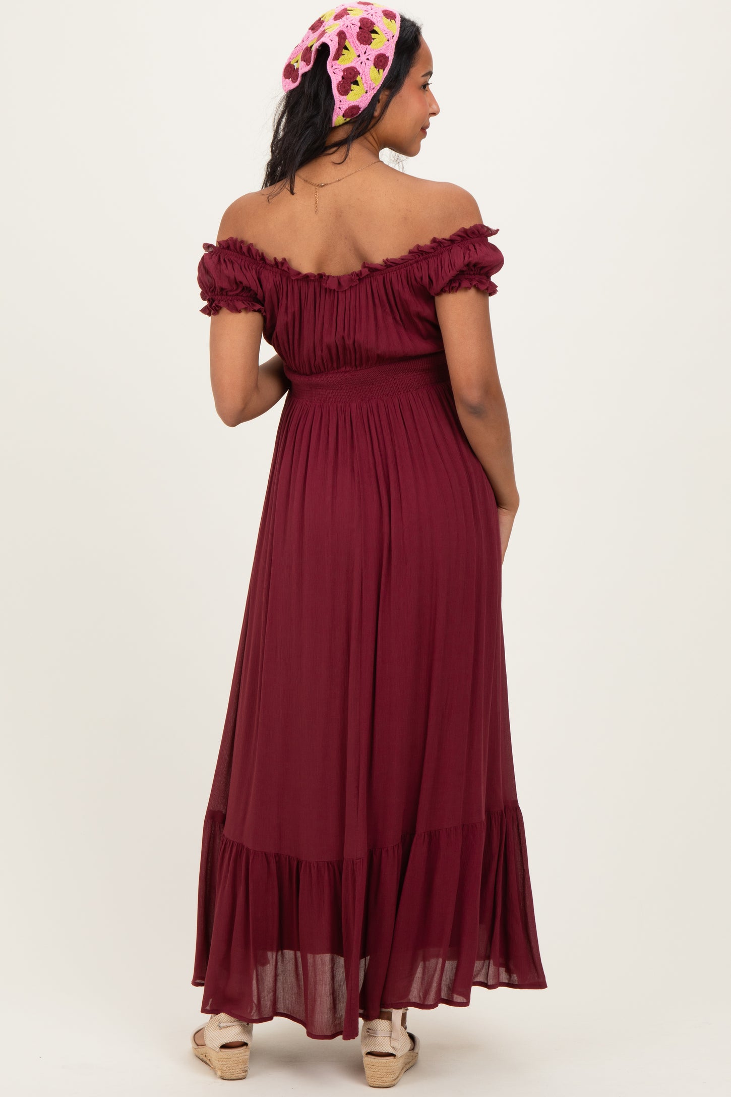 Burgundy Smocked Waist Off Shoulder Maternity Maxi Dress