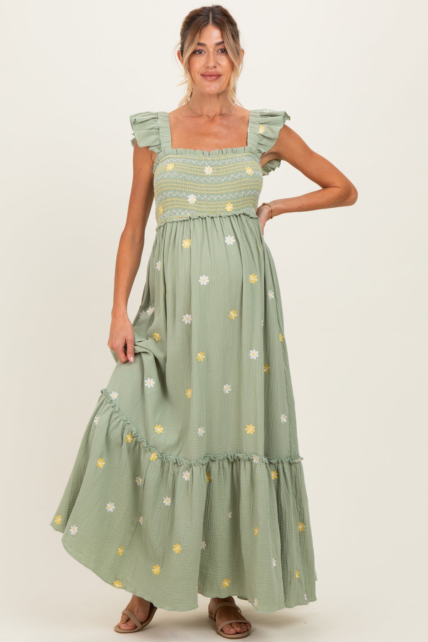 Green Floral Embroidered Smocked Maternity Maxi Dress – PinkBlush
