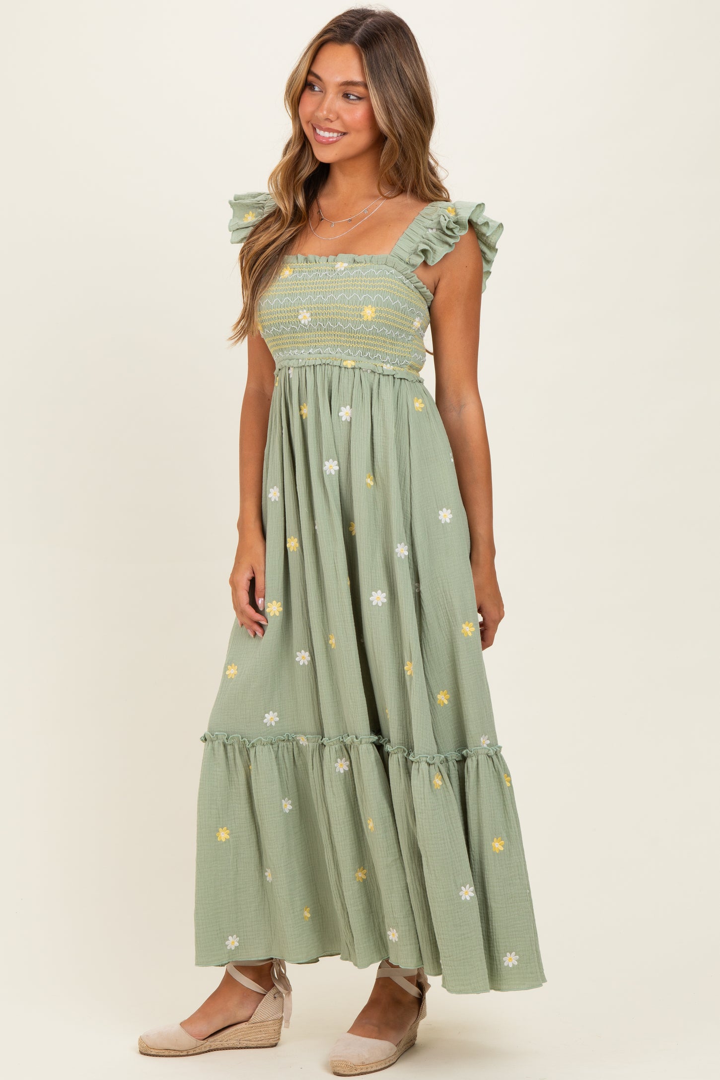 Green Floral Embroidered Smocked Maternity Maxi Dress PinkBlush Green Floral Embroidered Smocked Maternity Maxi Dress PinkBlush