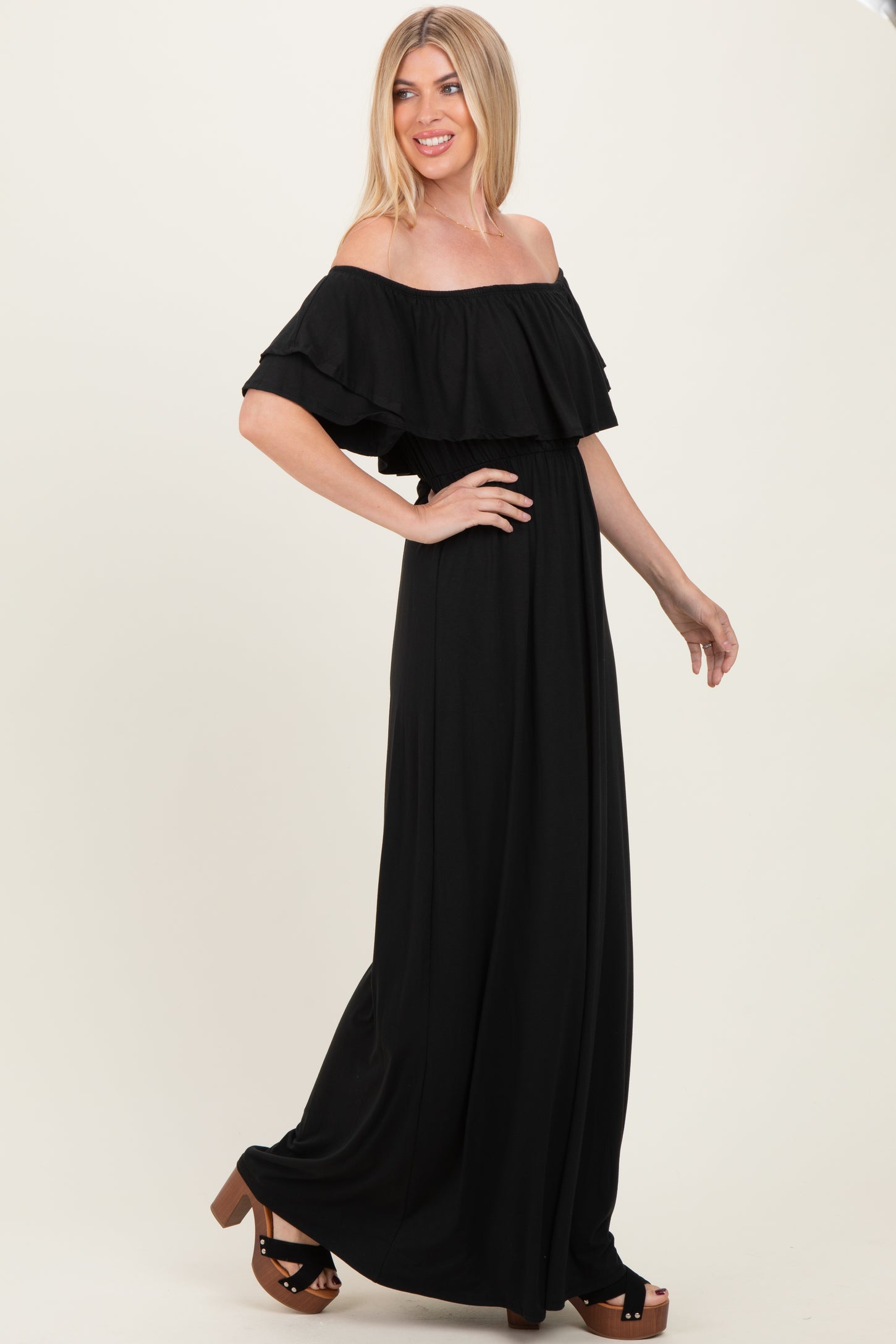 Black Ruffle Off Shoulder Maxi Dress