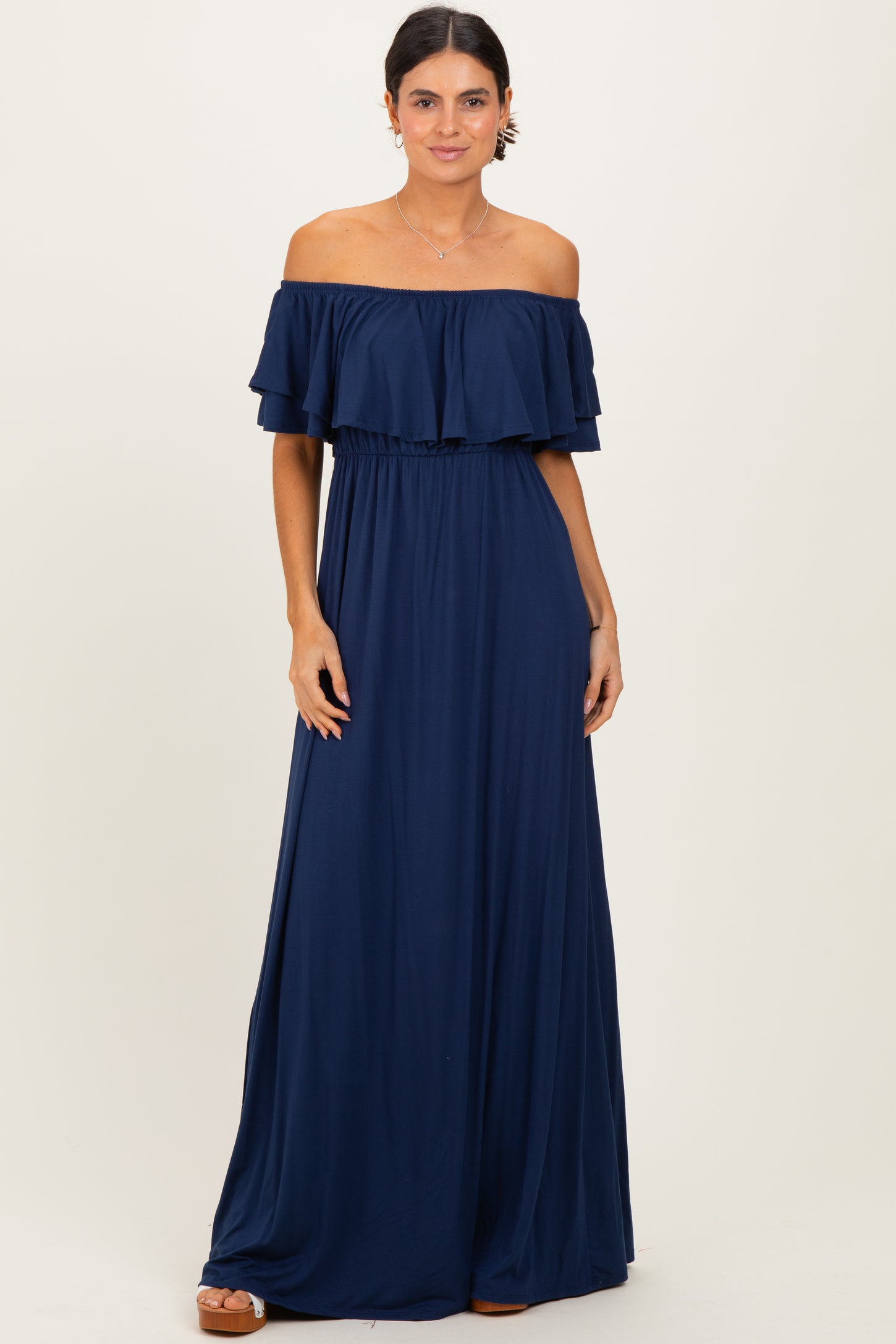 Navy Ruffle Off Shoulder Maxi Dress PinkBlush Navy Ruffle Off Shoulder Maxi Dress PinkBlush