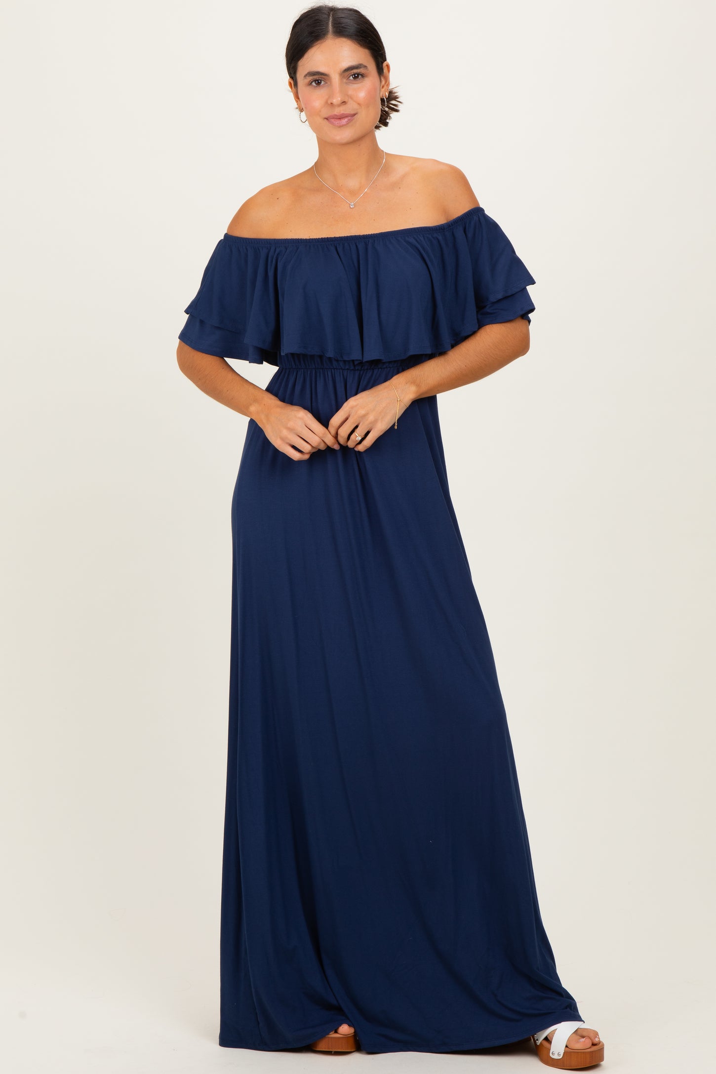 Navy Ruffle Off Shoulder Maxi Dress