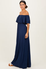 Navy Ruffle Off Shoulder Maxi Dress