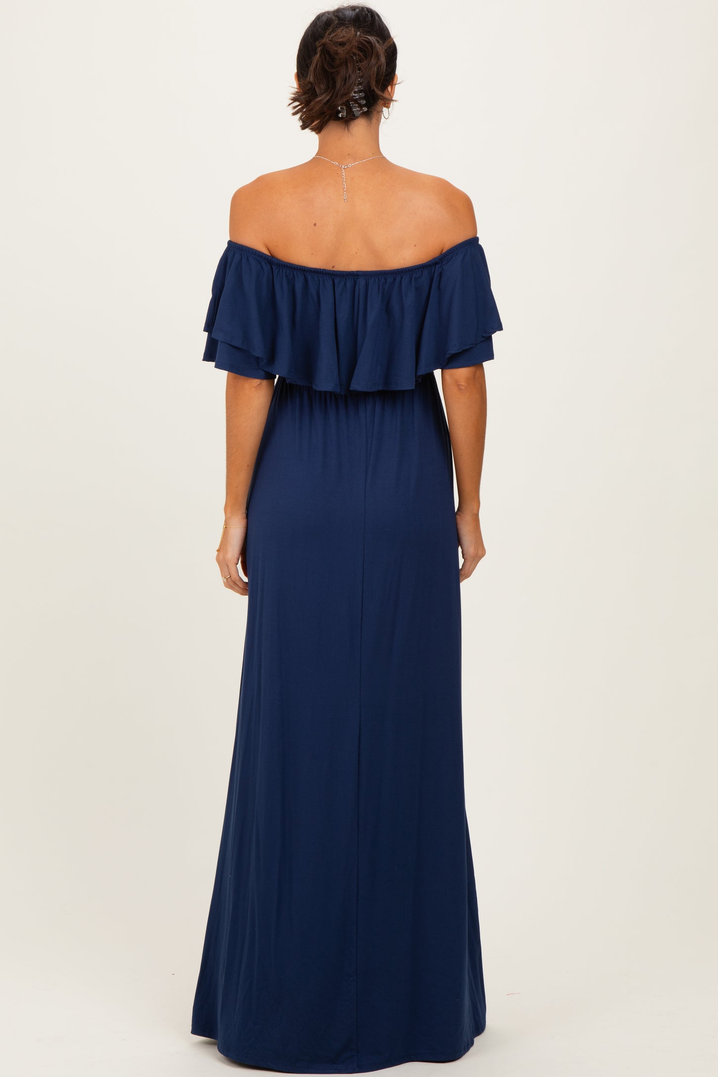 Navy Ruffle Off Shoulder Maxi Dress
