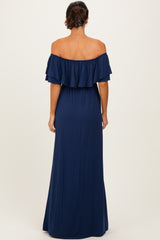 Navy Ruffle Off Shoulder Maxi Dress