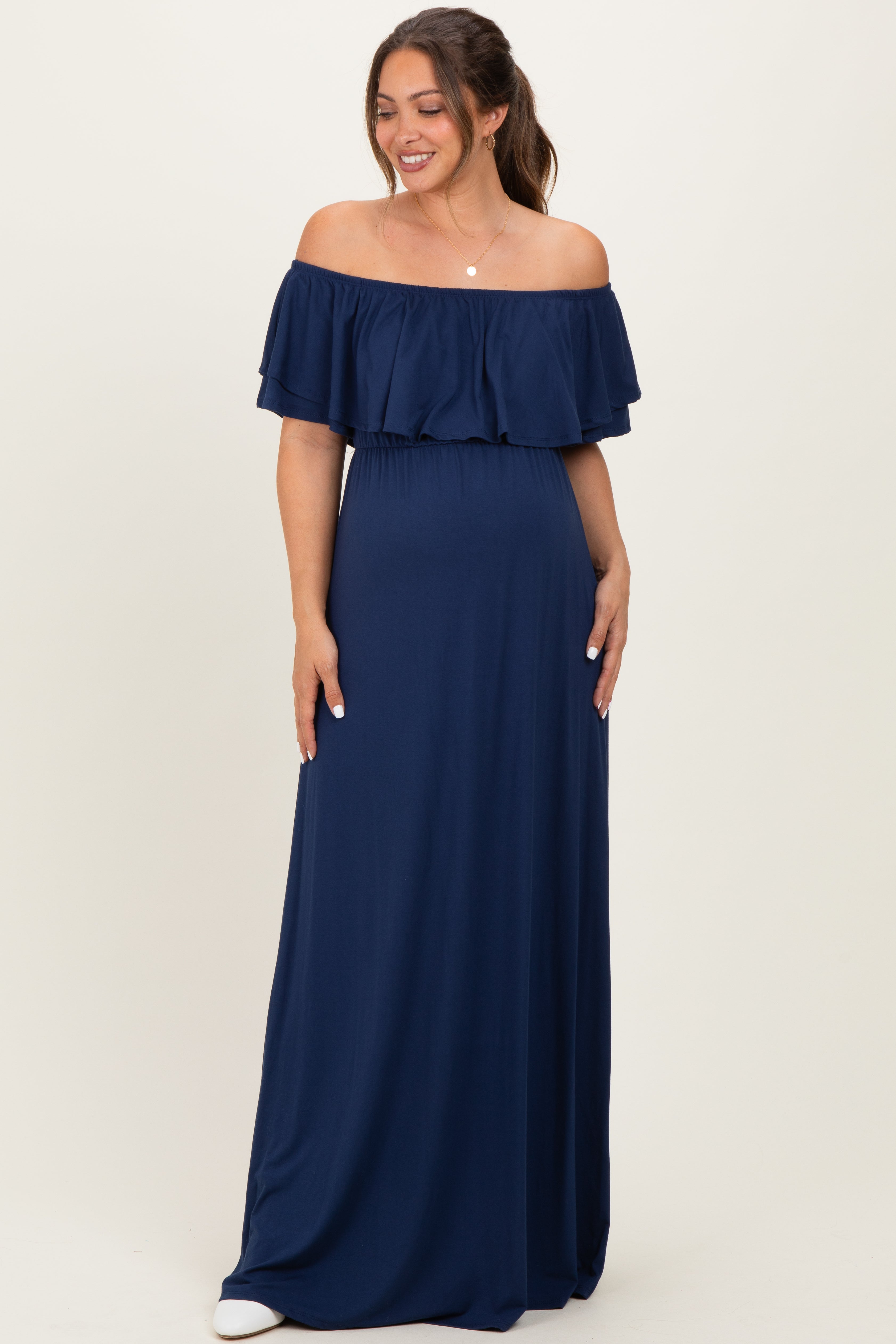 navy blue off the shoulder maxi dress Navy Ruffle Off Shoulder Maternity Maxi Dress