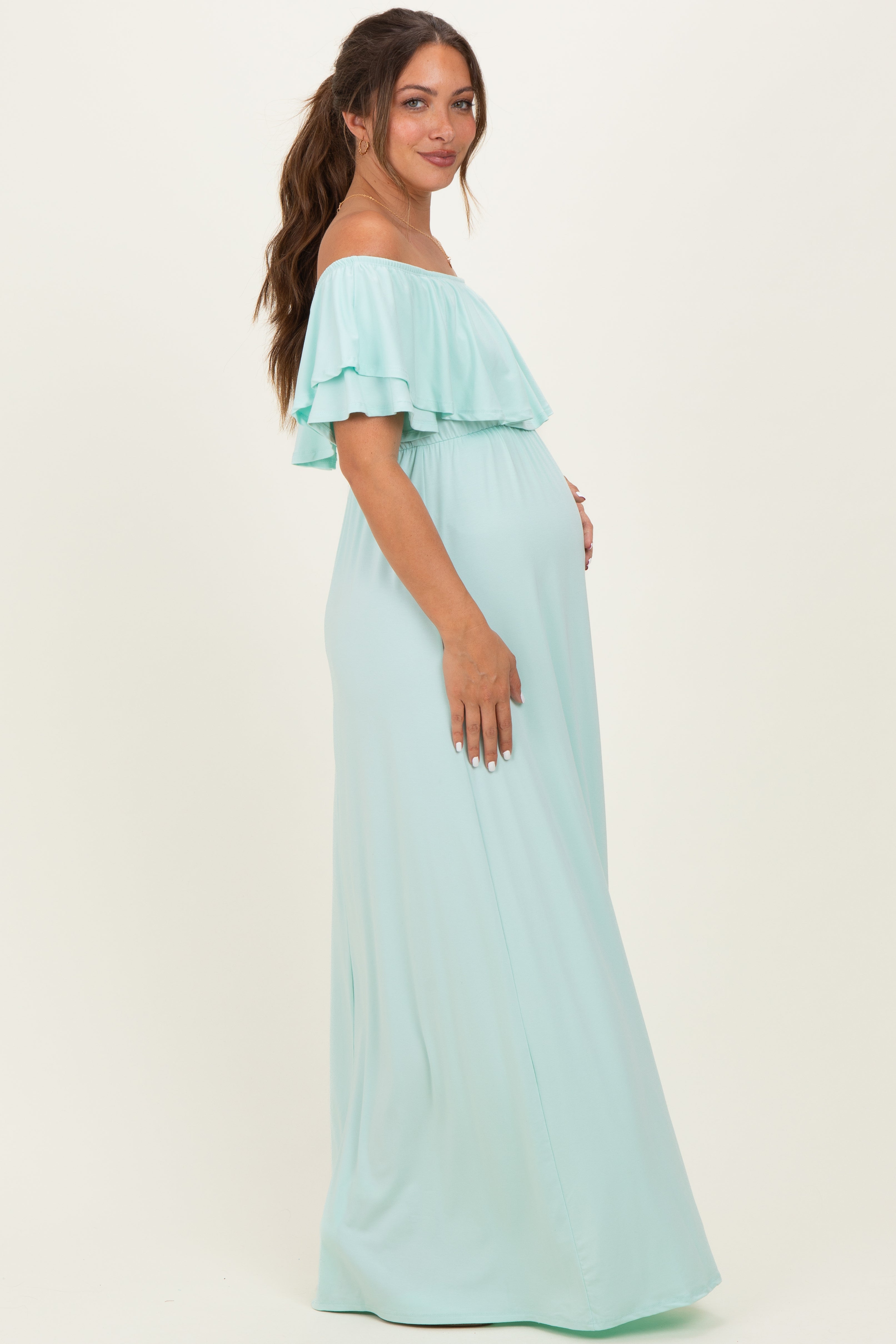 off the shoulder ruffle maternity dress Saslax Off Shoulder Ruffle Sleeves Elegant Fitted Maxi Maternity Dress for Photo