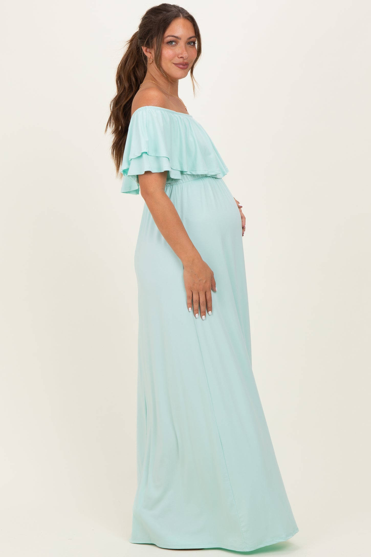 Mint Ruffle Off Shoulder Maternity Maxi Dress