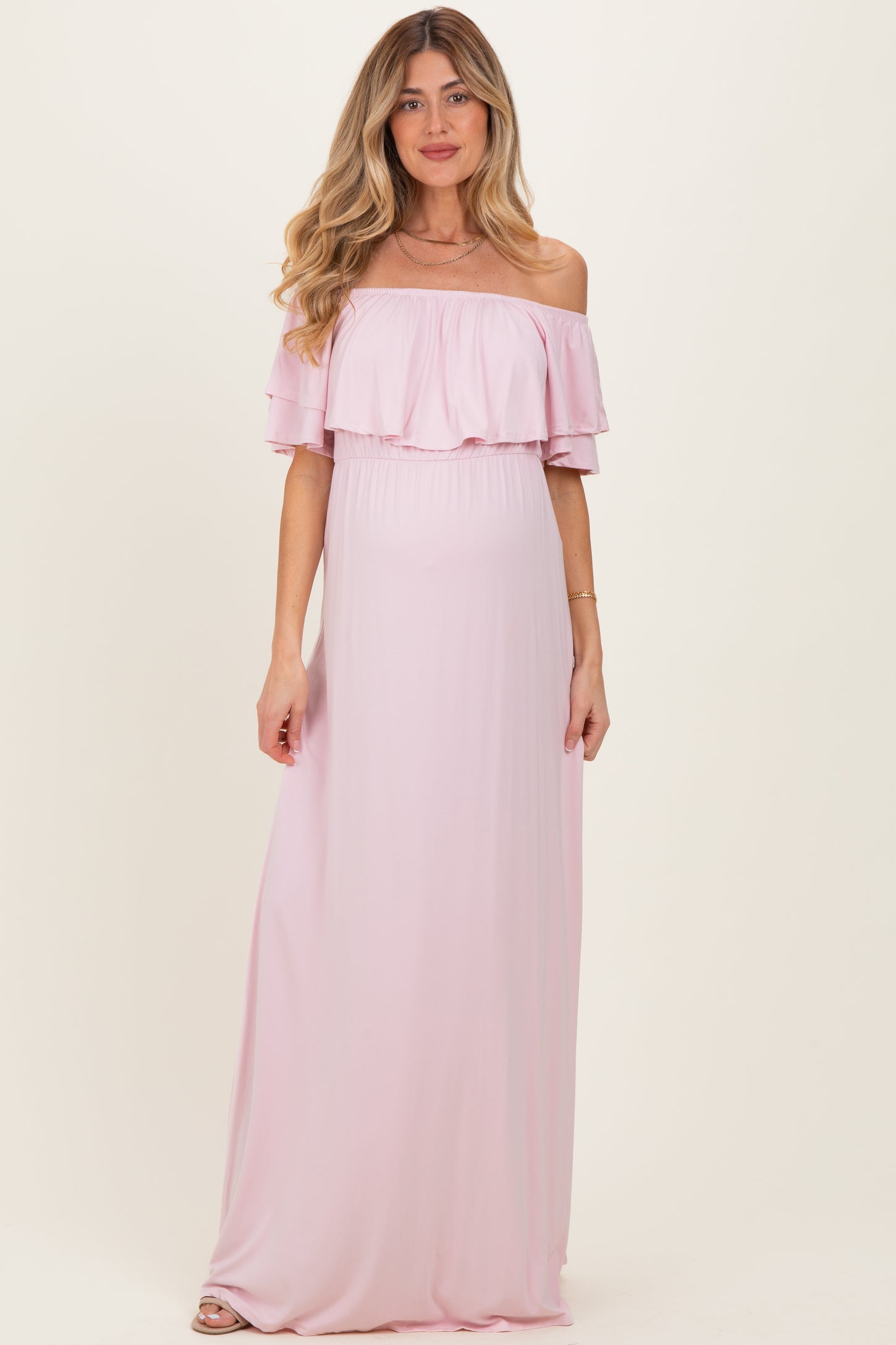 Light Pink Ruffle Off Shoulder Maternity Maxi Dress – PinkBlush