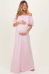 Light Pink Ruffle Off Shoulder Maternity Maxi Dress