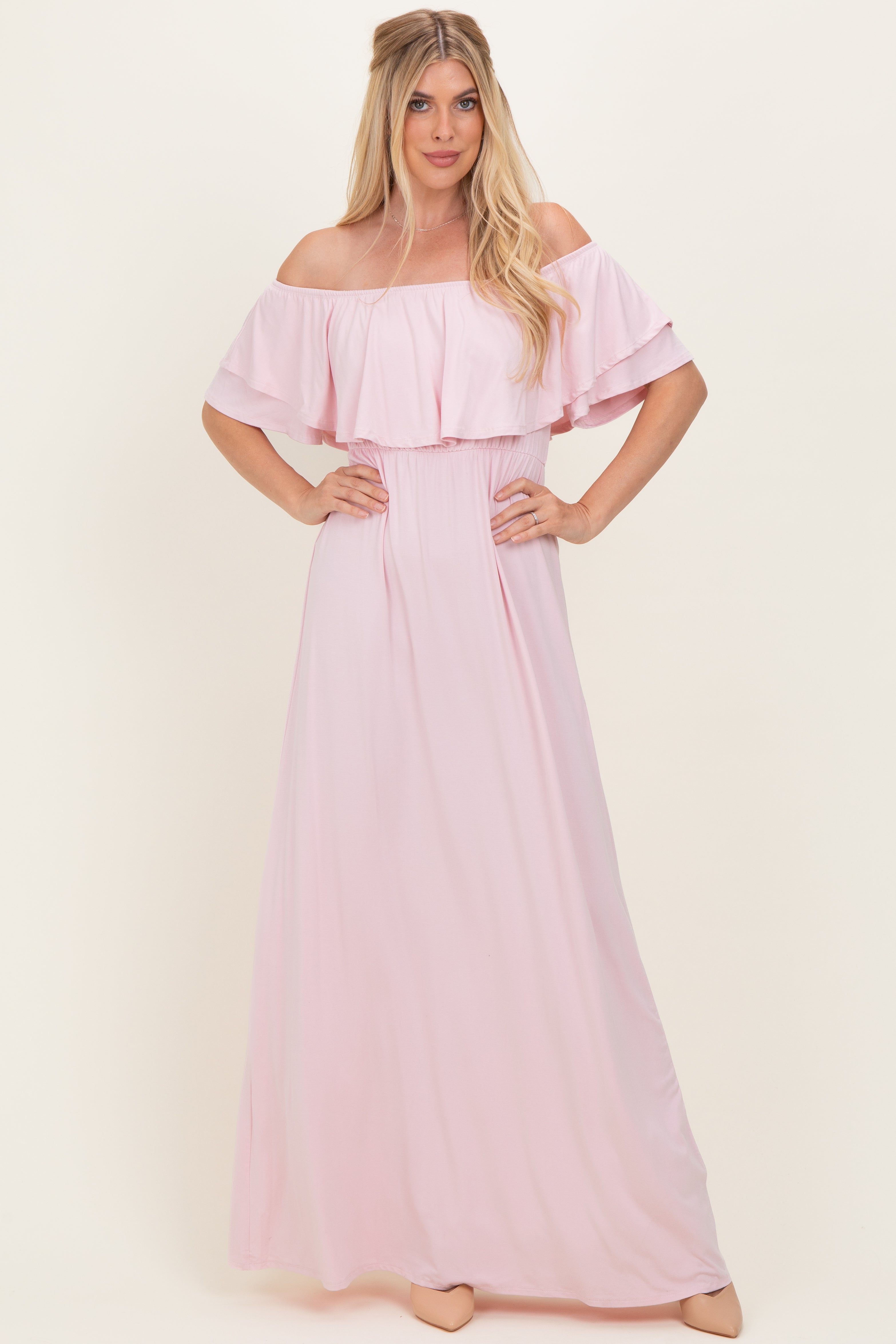 Light Pink Ruffle Off Shoulder Maxi Dress