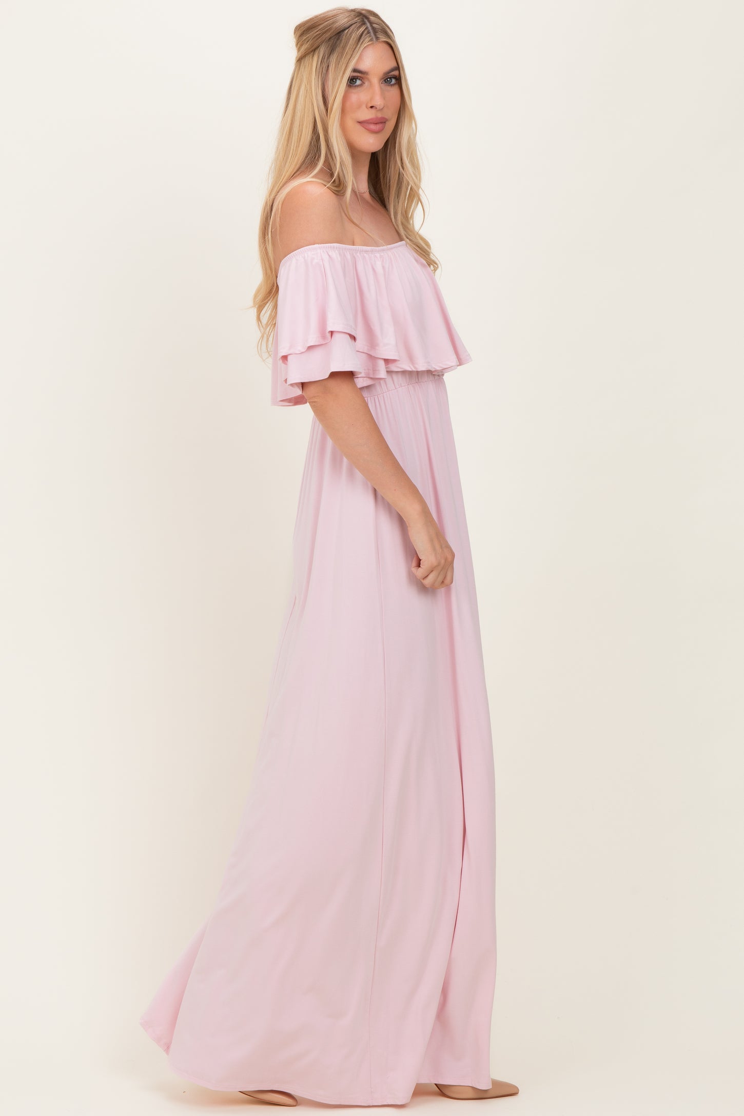Light Pink Ruffle Off Shoulder Maxi Dress