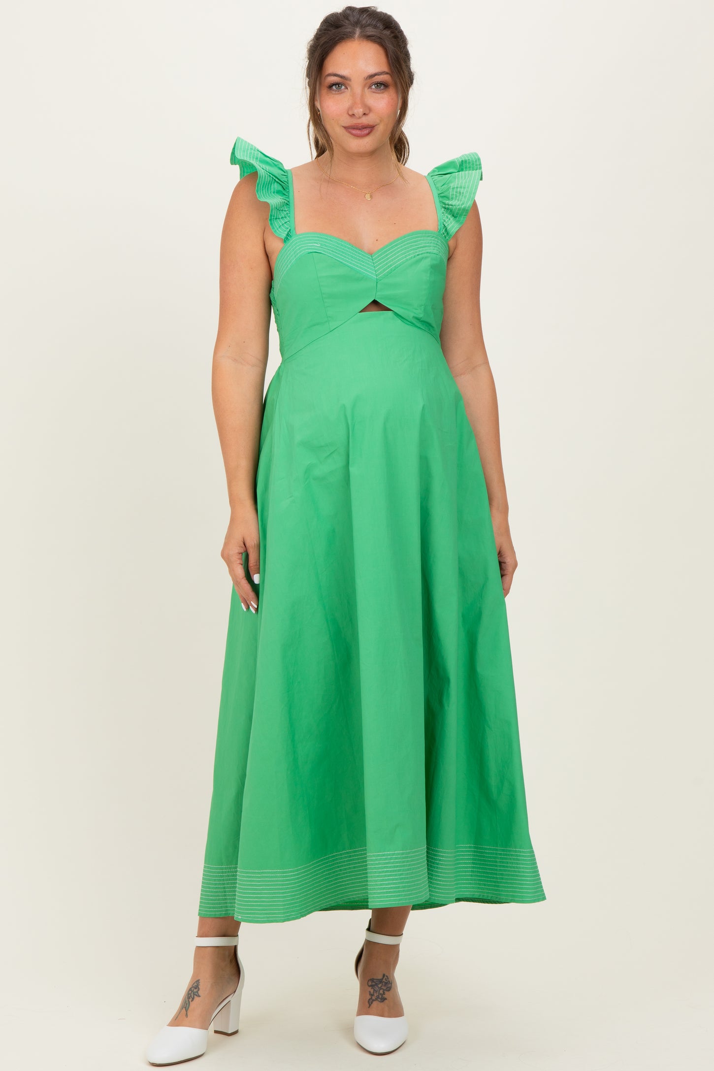Green Cutout Seam Detail Maternity Midi Dress