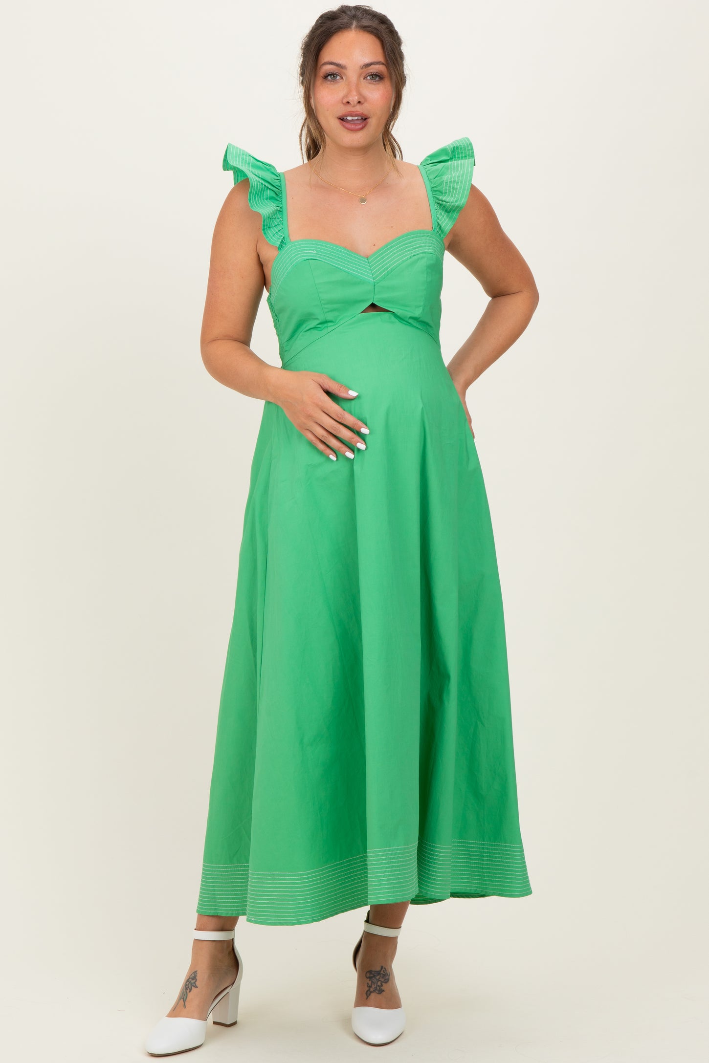 Green Cutout Seam Detail Maternity Midi Dress