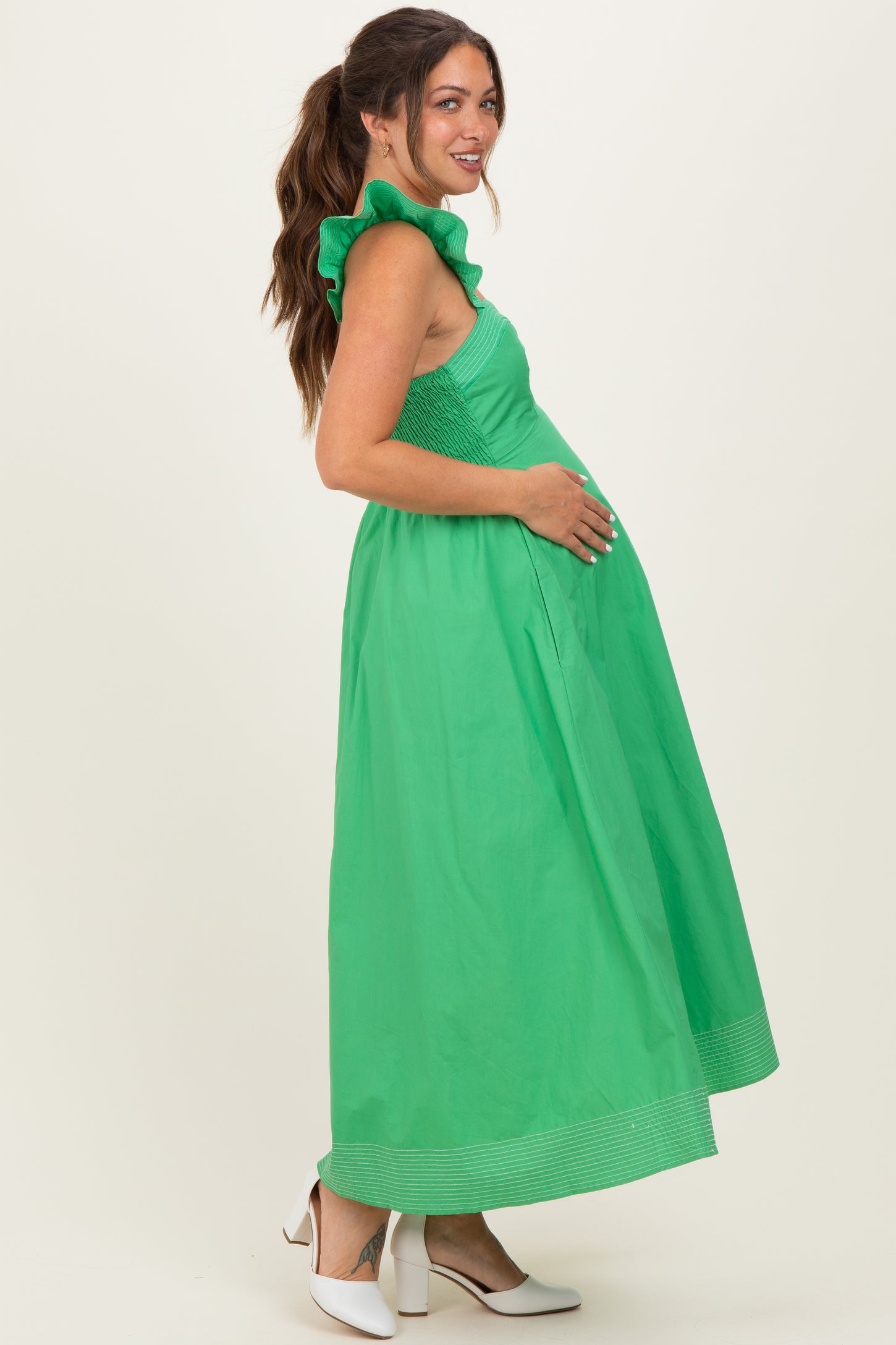 Green Cutout Seam Detail Maternity Midi Dress