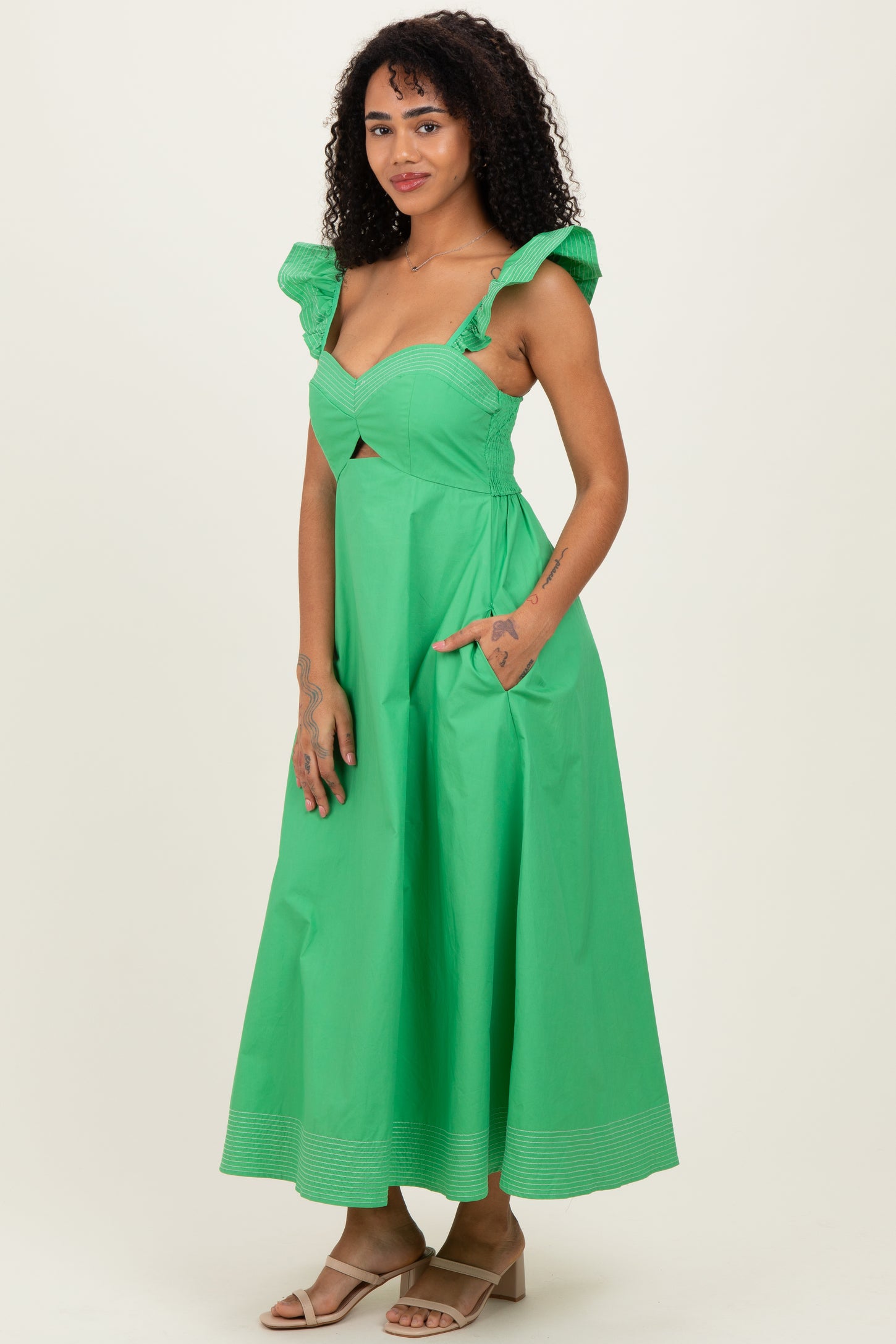 Green Cutout Seam Detail Midi Dress Green Cutout Seam Detail Midi Dress