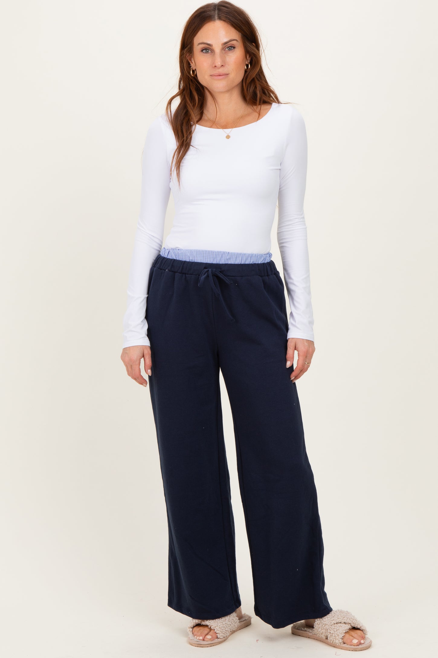 Navy Contrast Waistband Maternity Lounge Pants