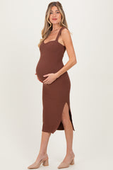 Brown Cutout Fitted Maternity Midi Dress