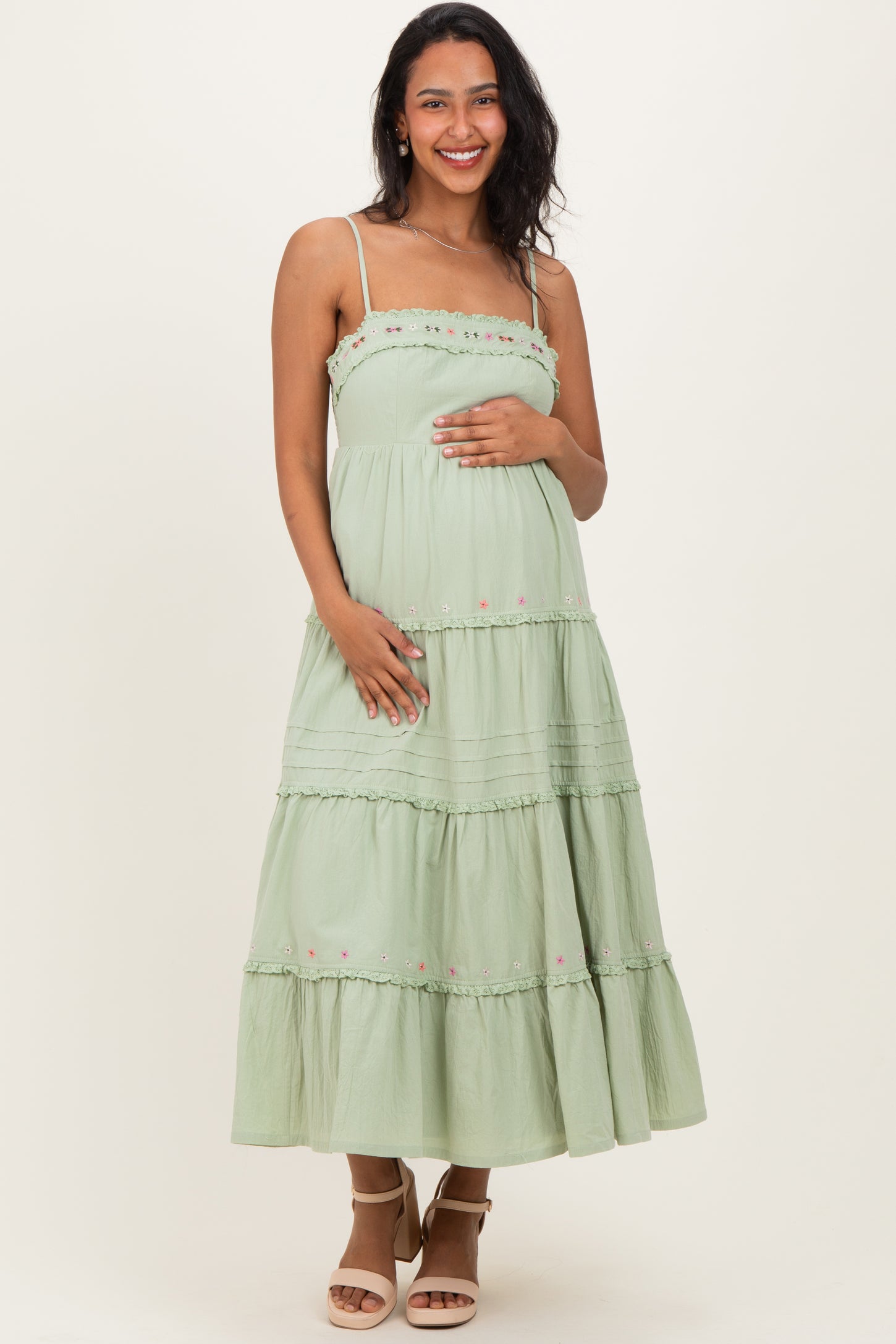 Sage Embroidered Ruffle Tiered Maternity Maxi Dress PinkBlush Sage Embroidered Ruffle Tiered Maternity Maxi Dress PinkBlush