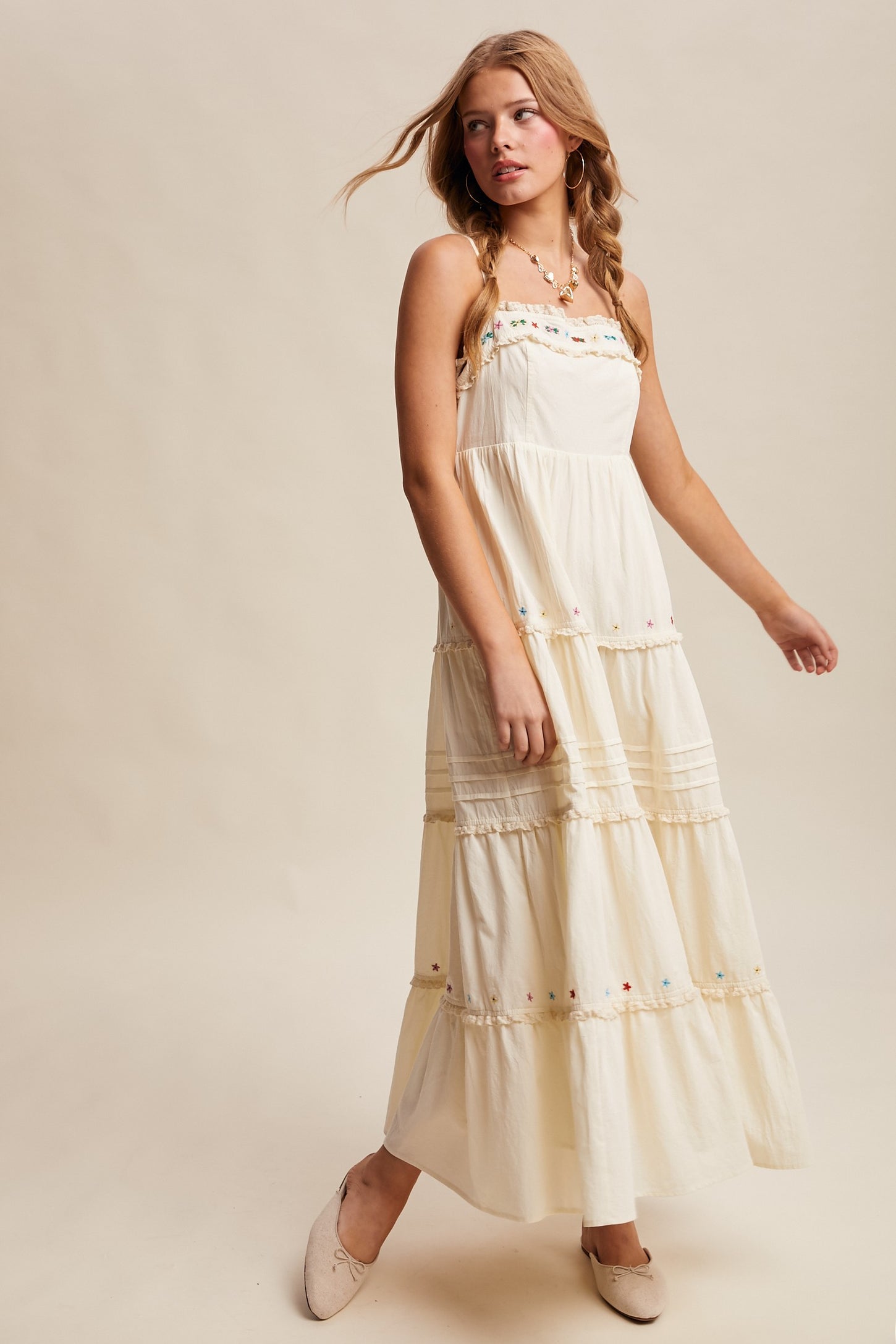 Ecru Embroidered Ruffle Tiered Maxi Dress