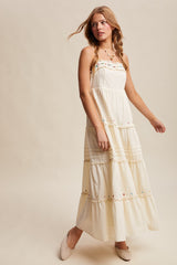 Ecru Embroidered Ruffle Tiered Maxi Dress