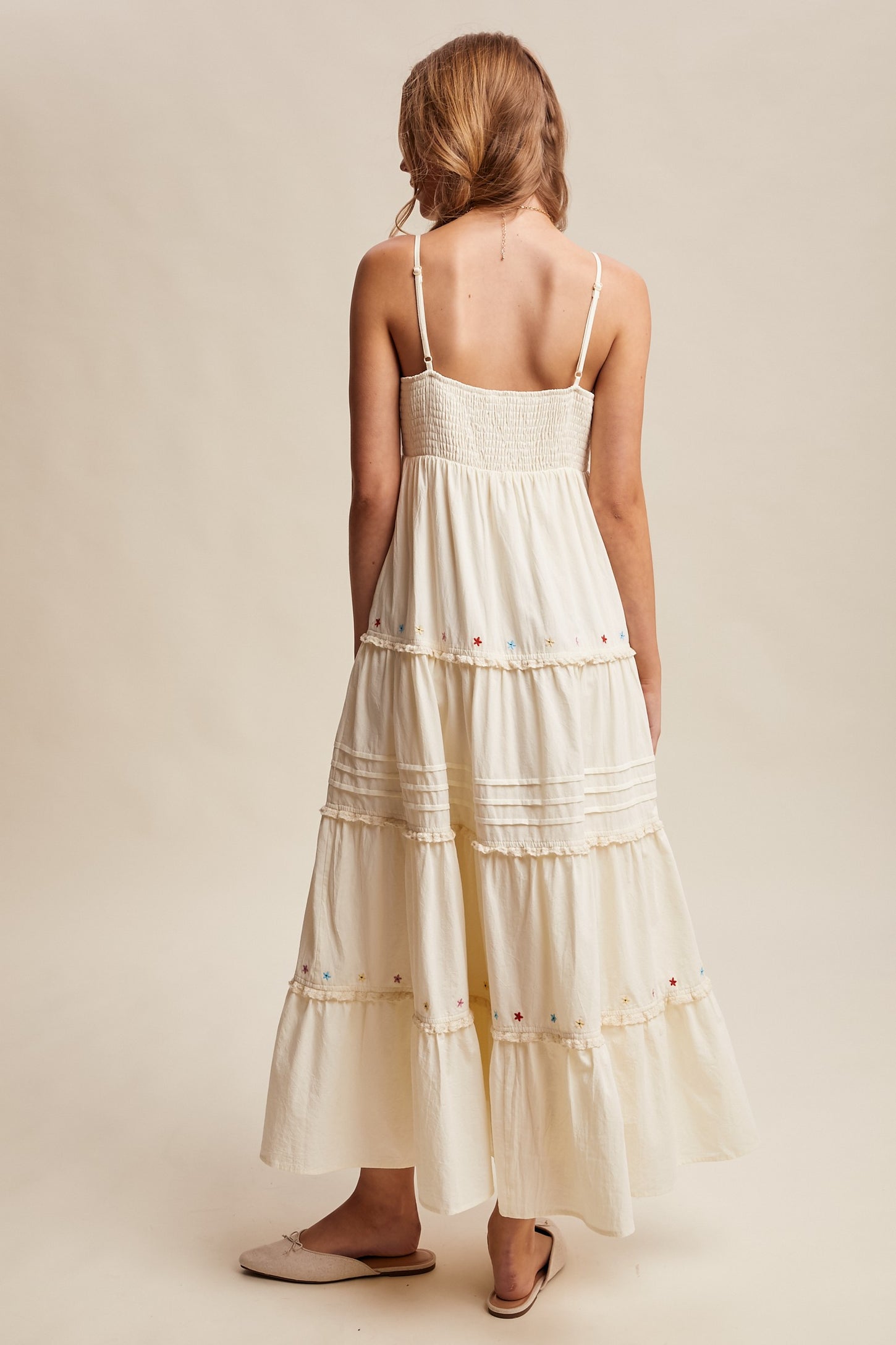 Ecru Embroidered Ruffle Tiered Maxi Dress