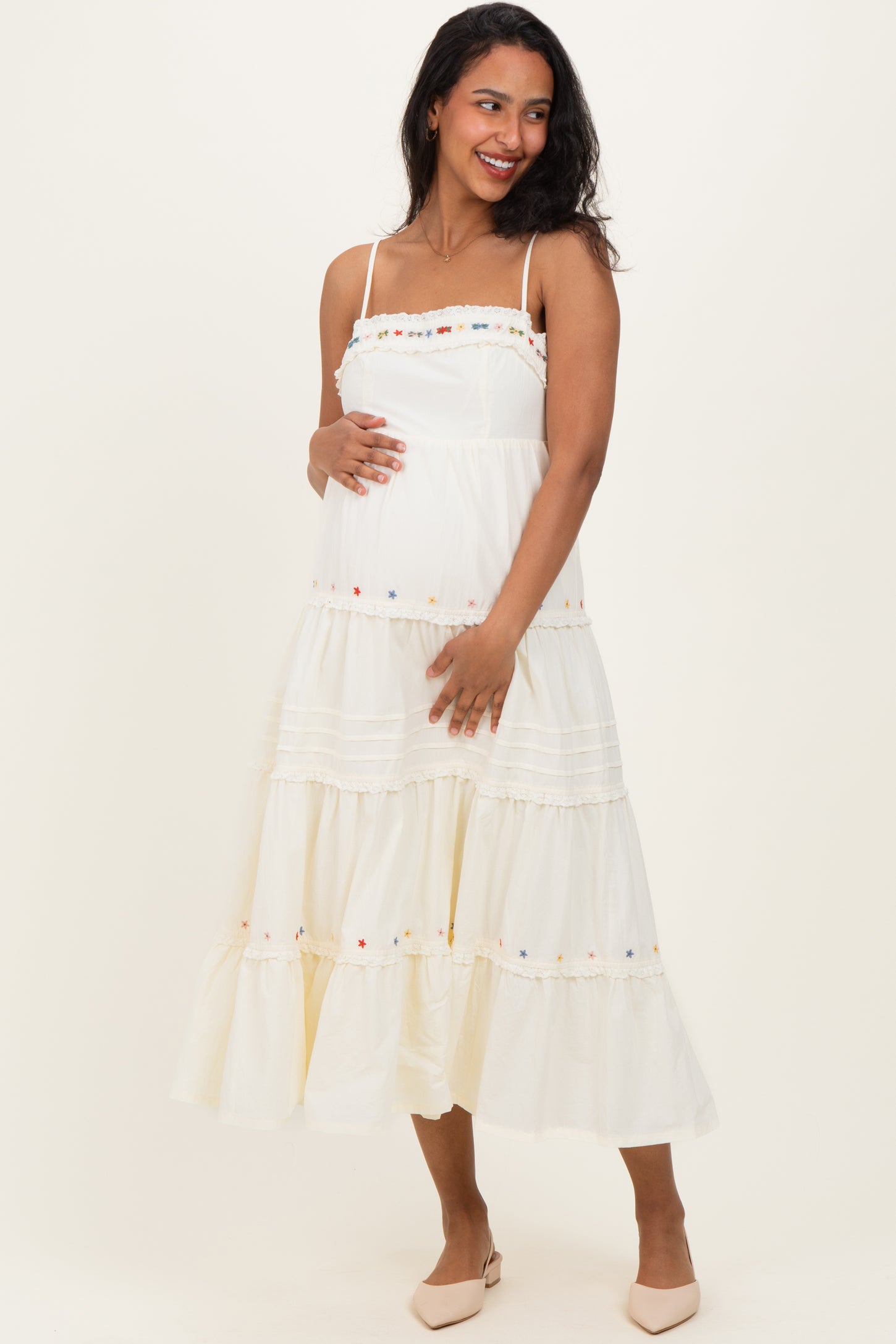 Ecru Embroidered Ruffle Tiered Maternity Maxi Dress