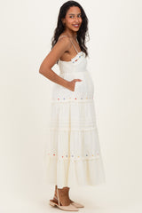 Ecru Embroidered Ruffle Tiered Maternity Maxi Dress