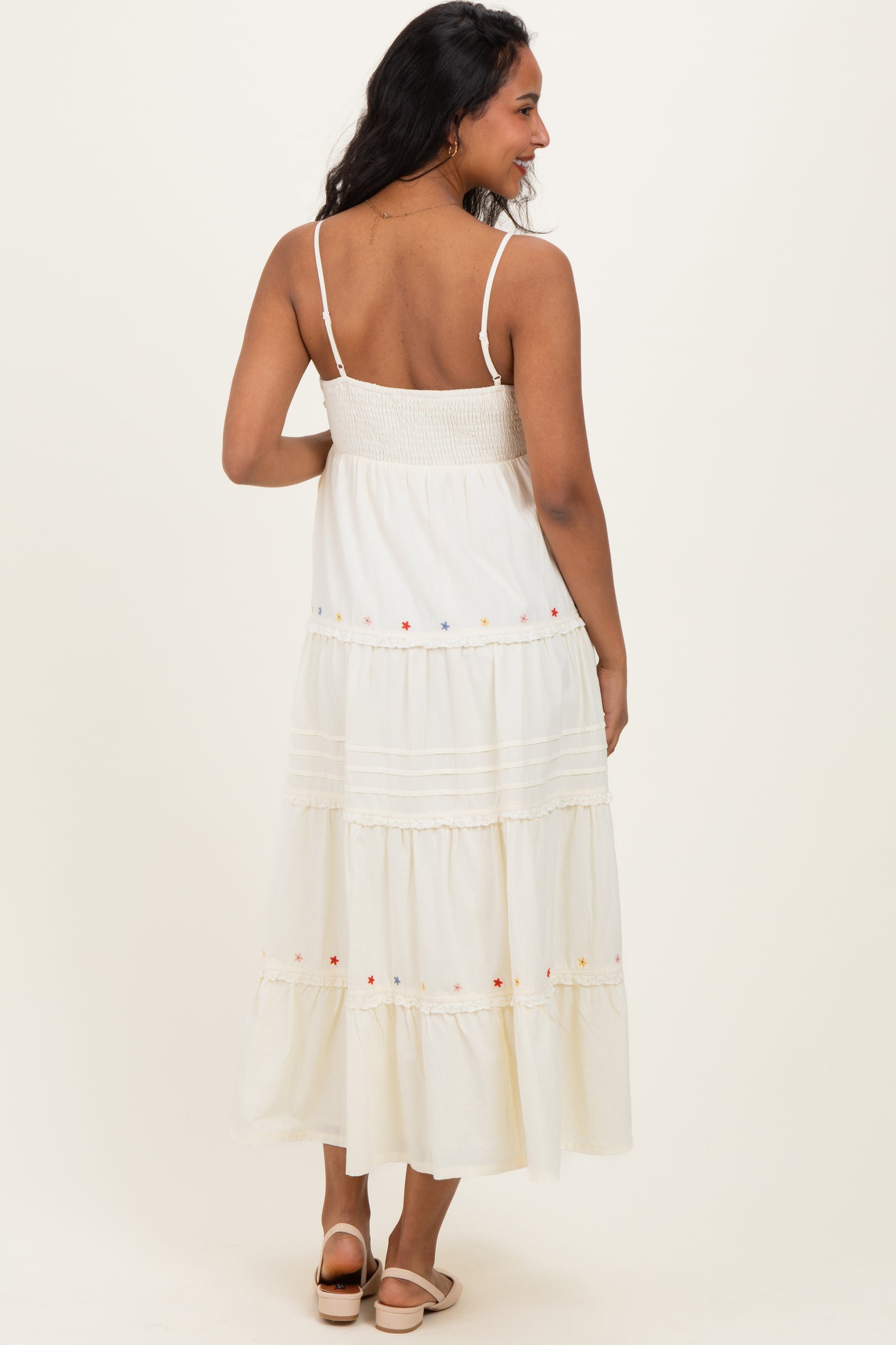 Ecru Embroidered Ruffle Tiered Maternity Maxi Dress