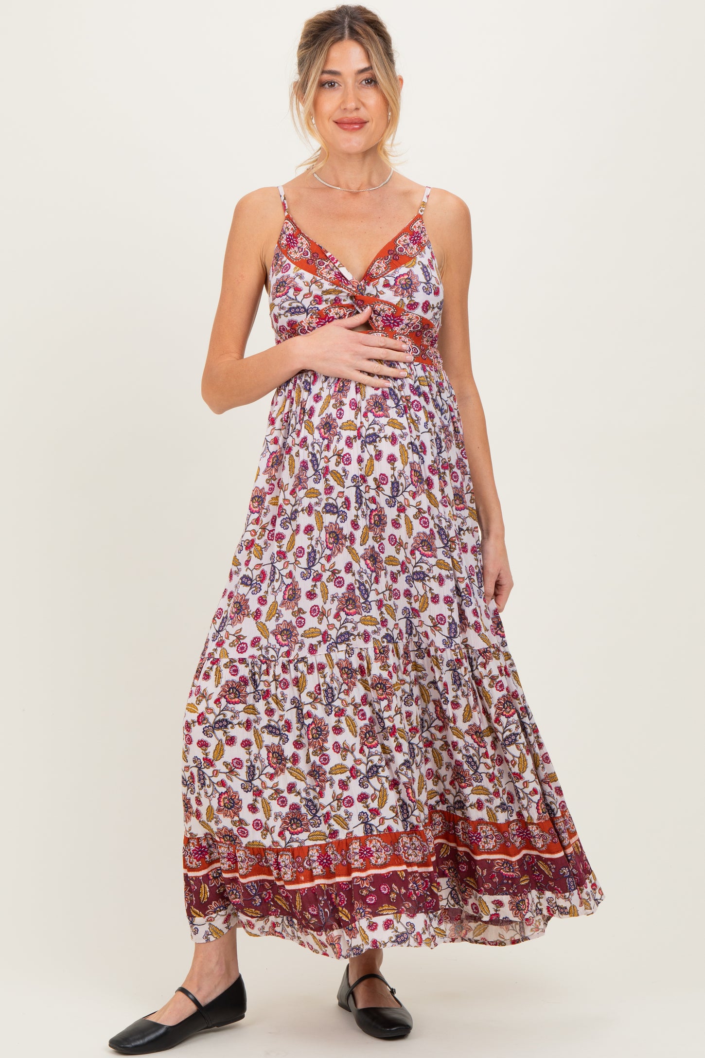 Cream Floral Twist Front Cutout Maternity Maxi Dress