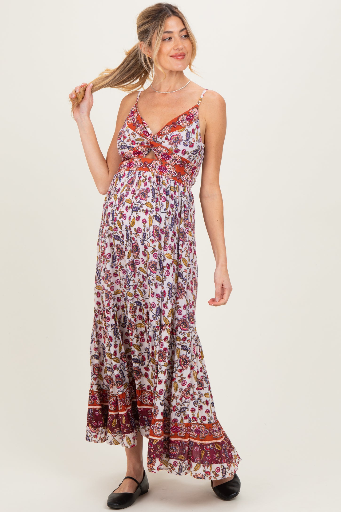 Cream Floral Twist Front Cutout Maternity Maxi Dress
