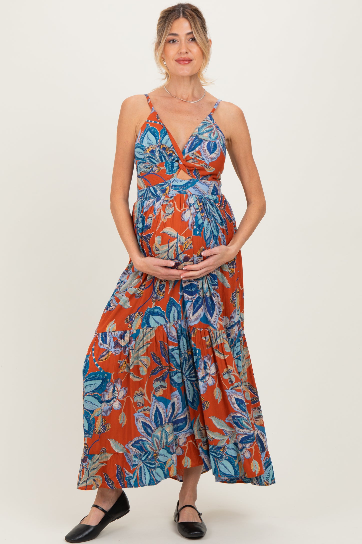 Cinnamon Floral Twist Front Cutout Maternity Maxi Dress