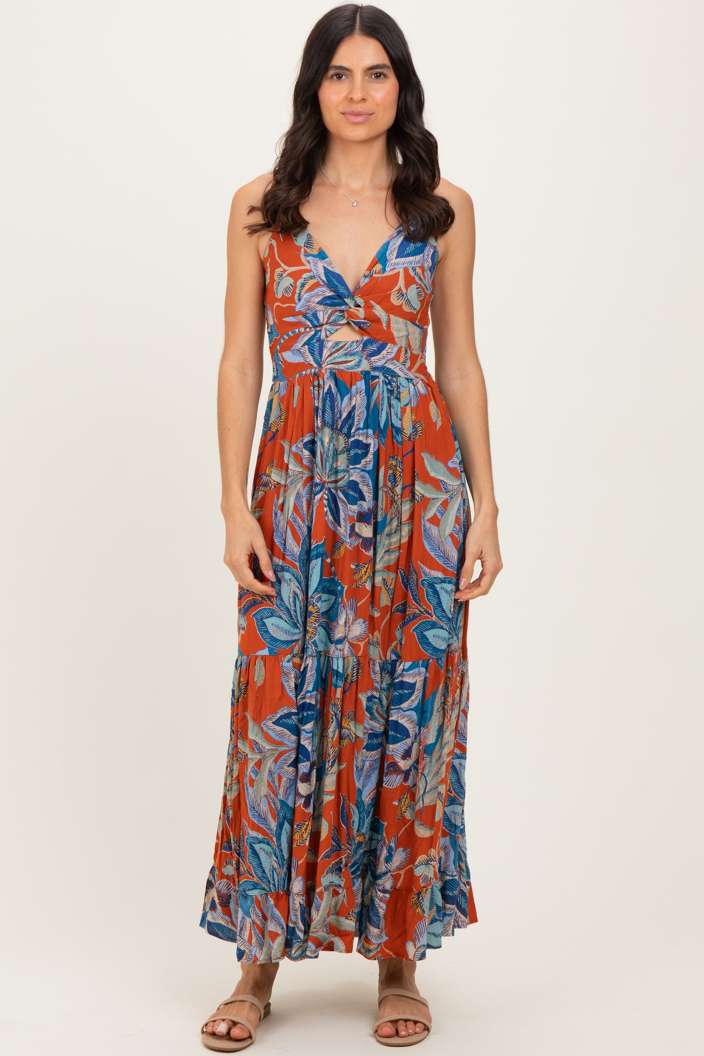 Cinnamon Floral Twist Front Cutout Maternity Maxi Dress