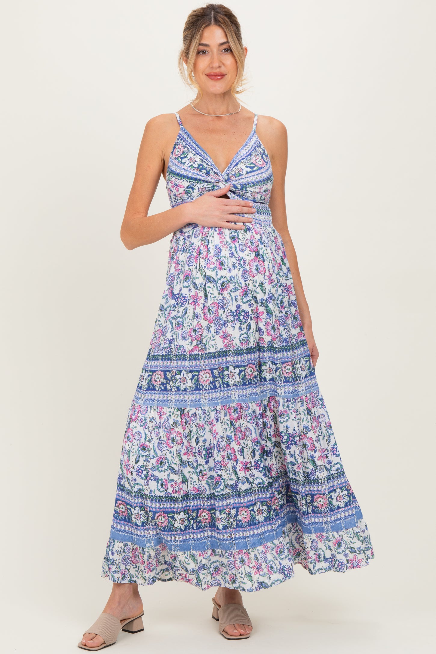 Periwinkle Floral Twist Front Cutout Maternity Maxi Dress PinkBlush Periwinkle Floral Twist Front Cutout Maternity Maxi Dress PinkBlush