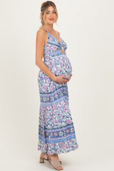 Periwinkle Floral Twist Front Cutout Maternity Maxi Dress