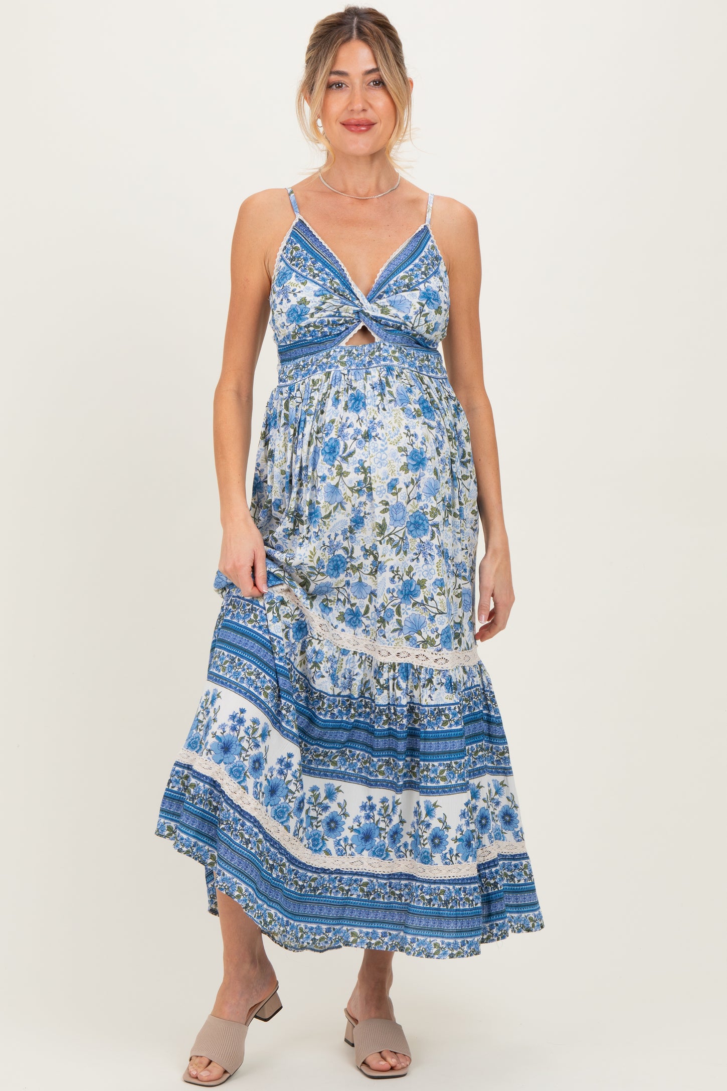 Blue Floral Twist Cutout Maternity Maxi Dress