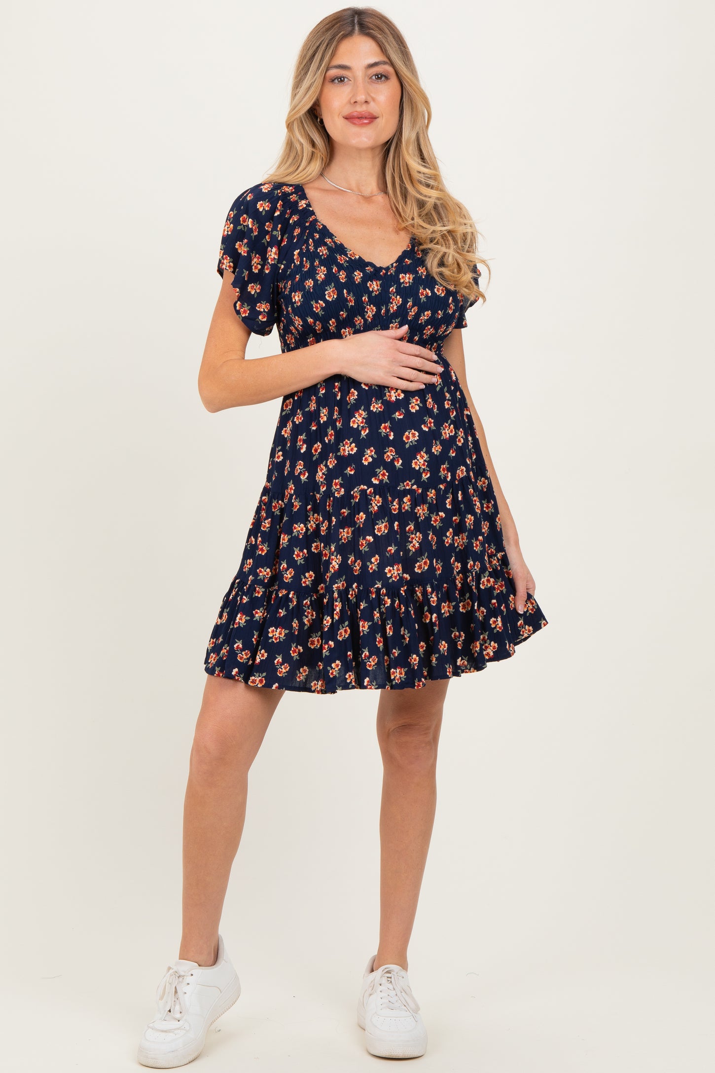 Navy Floral Smocked V-Neck Maternity Midi Dress